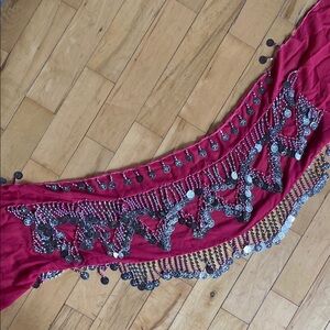 Pink Belly Dance Hip Scarf with Silver Coins